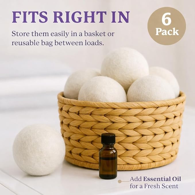 Wool Dryer Balls 6-Pack Set | Natural Fabric Softener Alternative | Reusable Laundry Balls | Eco Friendly Static Reduction