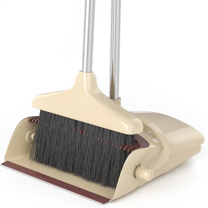 Broom and Dustpan Combo Set with Long Handle (54” L) Angle Broom Dust Pan for Home Kitchen Indoor Cleaning (Brown and Beige)