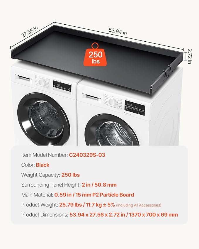 VEVOR Washer Dryer Countertop, 54" x 27" Wooden Washer and Dryer Countertop, Water-Resistant Laundry Machine Topper Cover with Anti-Slip Pads, for Laundry Room Organization and Storage, Black