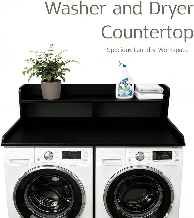 2-Tier Washer and Dryer Countertop, 54" W x 27.6" D Laundry Room Organization,Washer Dryer Topper Storage for Folding Clothes Over Washer and Dryer-Black