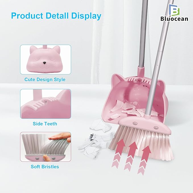 28'' Kids Mini Broom and Dustpan Set - Toddler Cleaning Toy, Toddler Household Helper, Parent-Child Interactive Play Cleaning Tool, Cute Cartoon Design, Small Safe Corner Broom (Pink)