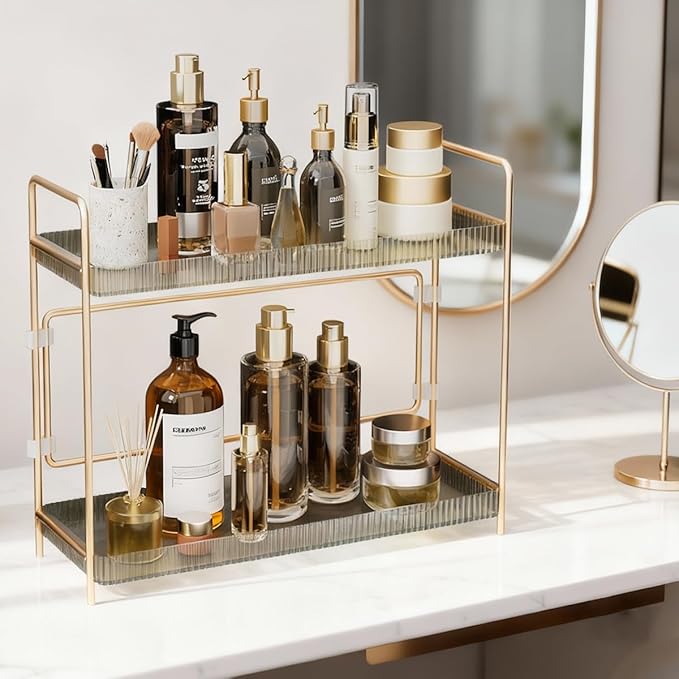 LEEDA 2 Tier Bathroom Counter Shelves, Countertop Shelf Organizer for Bathroom & Vanity, Skincare Organizers Rack,Countertop Organizer for Makeup, Lotion, Kitchen Corner & Dresser Storage(Gold)