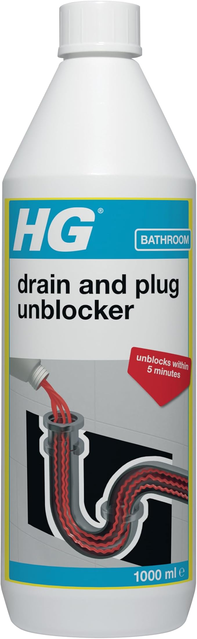 Plug Hole & Drain Unblocker Cleaner by HG Cleaning Products, Effectively and Fast Removes Blockages & Cleans Blocked Drains Pipes in Sinks or Shower Traps - 1 Litre (139100106)