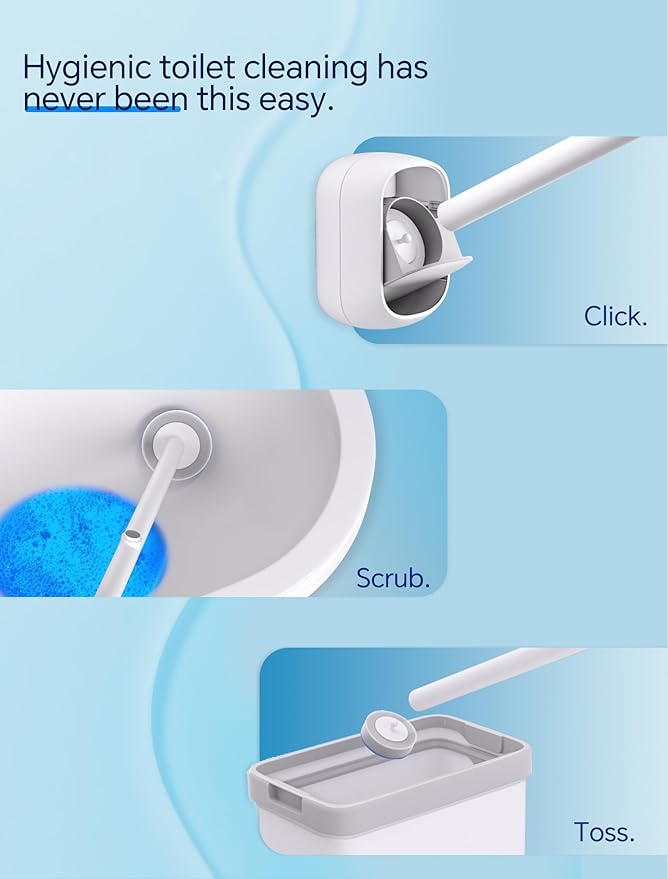 LFBEAR Disposable Toilet Brush Wand, Wall Mounted Toilet Cleaner Kit with Holder, 18 Refills Replacement Heads for Bathroom Cleaning