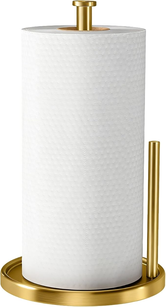 Paper Towel Holder Countertop, Standing Paper Roll Holder with Anti Slip Weighted Base, Stainless Steel Freestanding Paper Towel Holder for Kitchen, Gold