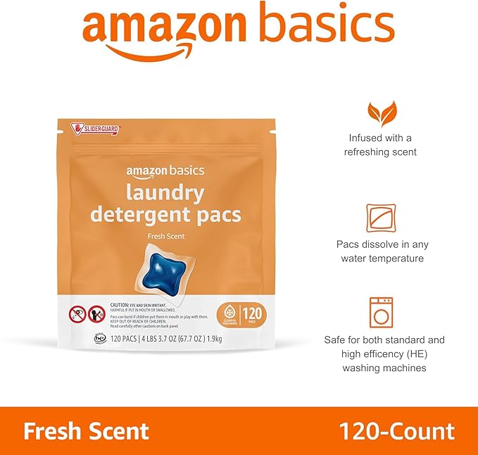 Amazon Basics Laundry Detergent Pacs, Fresh Scent, HE Compatible, Dissolves in Cold Water, Easy to Use, 120 Count (Previously Solimo)