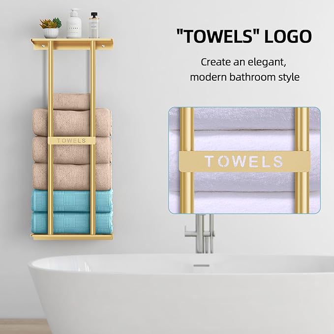 STWWO Bathroom Towel Storage Rack for Bathroom, 30 inch Towel Racks Wall Mounted with Shelf Can Holds 6 Large Towels, Wall Towel Rack for Rolled Towels, Gold