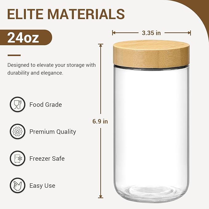 NETANY 4-pack 24oz Glass jars with Airtight Lids, Overnight Oats Containers with Bamboo Lids, Wide mouth Mason Salad jars, Glass Food Storage Containers for Snacks Yogurt Spice Sugar