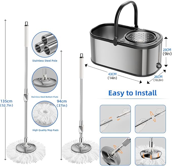 Spin Mop and Bucket with Wringer Set for Home,360° Mop and Bucket with Separate Clean and Dirty Water,Wet Dust Mop for Floor Cleaning with Extra Refills (Silver)