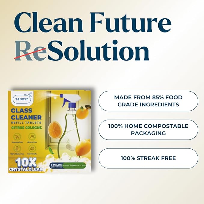 Glass Cleaner Refill Tablets | Plant-Based Streak-Free Window & Mirror Cleaner | Non-Toxic & Eco-Friendly Cleaning Solution | Plastic-Free Packaging | Citrus Cologne - Pack of 2