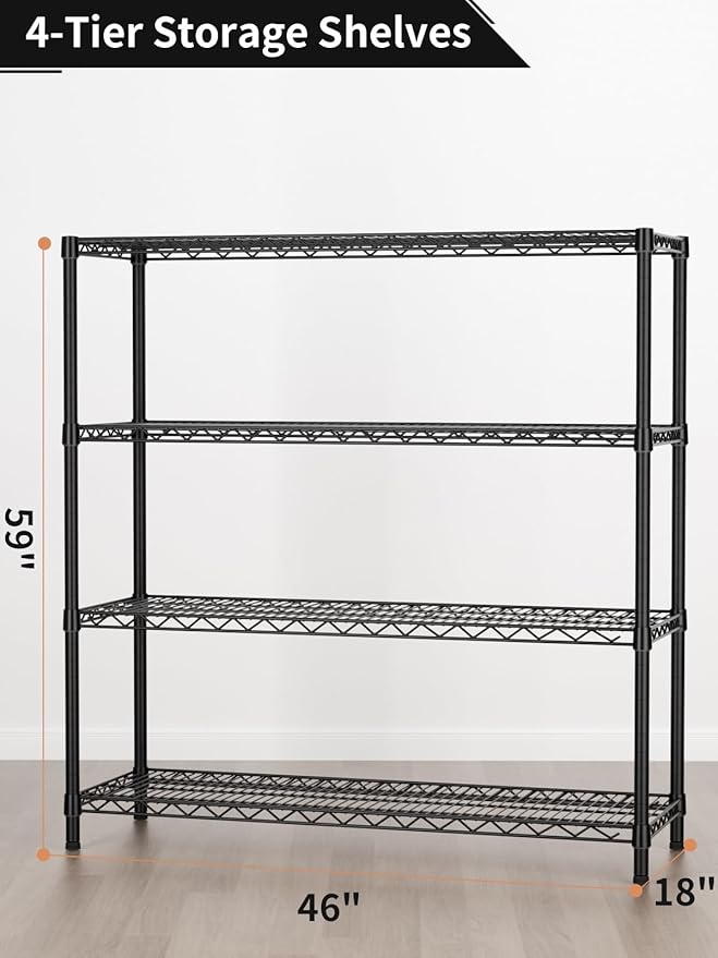 Golpart 4 Tier Adjustable Storage Shelves,Heavy Duty Metal Utility Shelf 1400LBS Capacity Wire Shelving Unit Organizer Rack for Kitchen Office Pantry Room 18" D x 46" W x 59" H Black