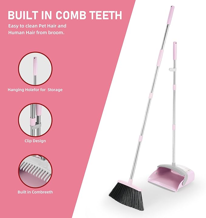Broom and Dustpan Set, 54” Long Adjustable Household Hand Broom with Dustpan Teeth to Clean Hair Broom with Dustpan Set Heavy Duty to Clean Hair for Home Lobby Office (Pink)