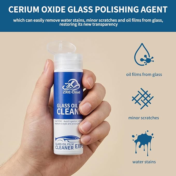 Glass Polish kit,3.38Fl Oz cerium oxide glass polish compound with polishing brush,glass scratch remove,Oil Film Cleaner,Glass Cleaner, Removes Stains and Water Spots, for Cars Glass and Mirror