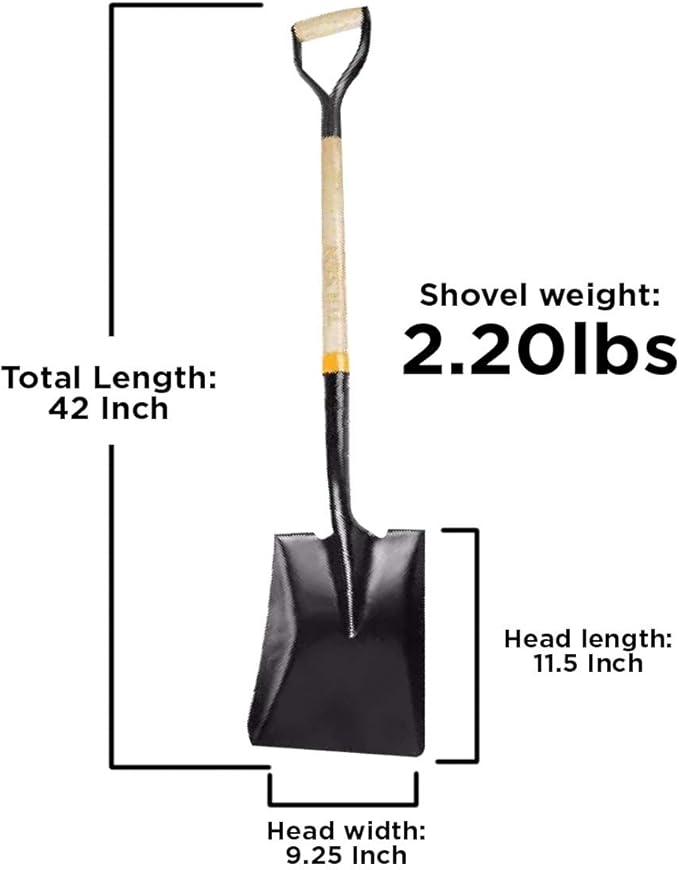 Garden Shovels for Digging, Spade Shovel, Garden Shovel for Planting, D Grip Steel Shovel, Flat Shovel Wooden Handle, Carbon Steel, Square Shovel, Head is 9.25″ Wide x 11.5 deep, Overall Length 42''