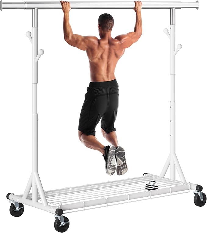 Gewudraw Heavy Duty Clothes Rack, 530 lbs Load Capacity Metal Garment Rack on Wheels - Collapsible Adjustable Portable Storage with Hooks, White