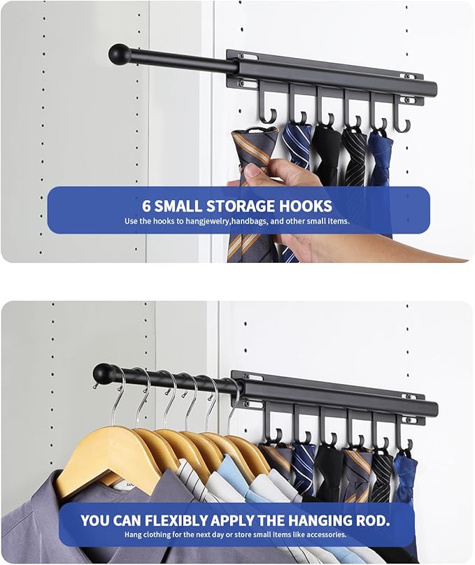 BaiNong 16.5" Valet Rod for Closet Pull Out With 6 Hooks Valet Rods for Closets (2Pack Black) Closet Valet Rod Slide Out
