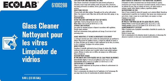 Ecolab 6100288 Glass Cleaner 2.5 Gallons Resealable Jug/Bottle - One (1) Unit per Order