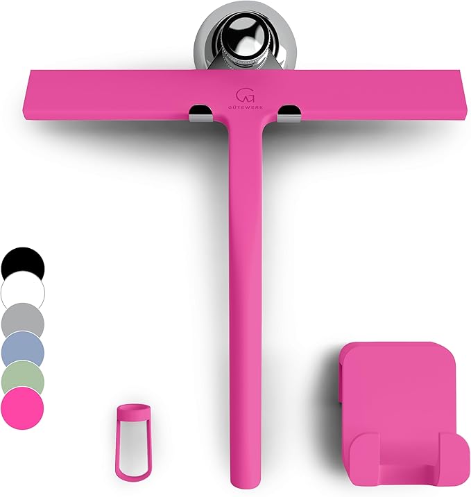 GÜTEWERK Silicone Shower Squeegee for Glass Doors & Mirrors with Stainless Steel Core, Streak-Free & No-Squeak Window Cleaning, 3-in-1 No-Drill Mount (Hook/Suction/Adhesive),Pink, 11 Inches