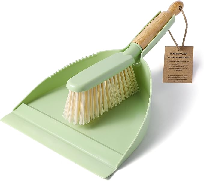 Dust Pan and Brush Set - Small Dustpan and Brush Set, Handheld Broom and Dustpan Set, Brush and Dust Pan Set for Car, Pet Care, Office, 14 x 8.7 inch, Green