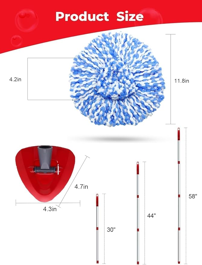 Small Spin Mop Replacement Head Compatible with Ocedar 2 Tank RinseClean, 4 Mop Heads +1 Stick+1 Base , Microfiber Mop Refills and 30-58in Handle, Easy-to-Replace(Blue,2 Tank)
