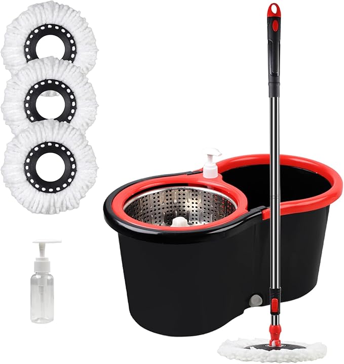 Spin Mop and Bucket with Wringer Set, 360° Spinning Mop Bucket System with 3 Microfiber Mop Replacement Heads, Adjustable Handle for Floor Cleaning (Black)