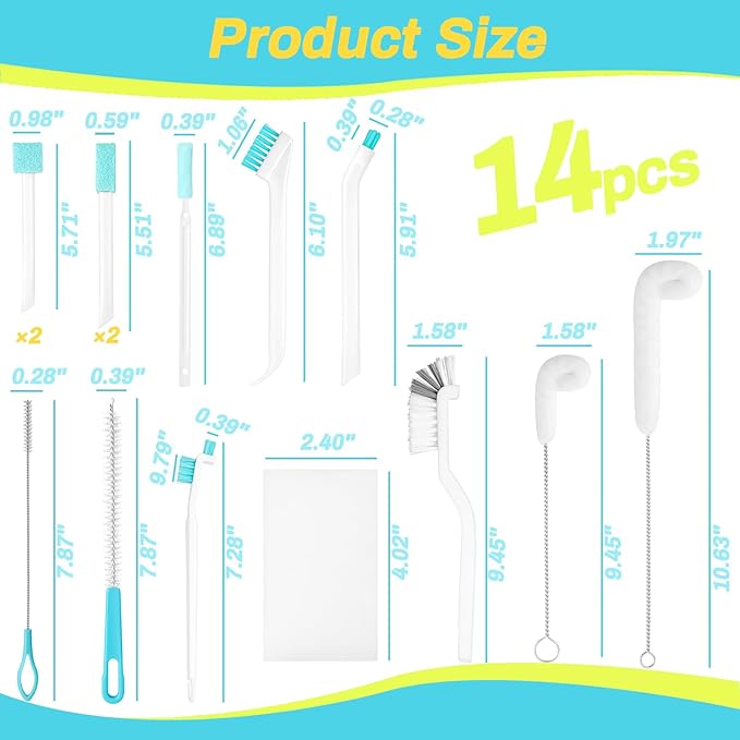 Potanro Ice Machine Cleaner Brush Sets, 14pcs Countertop Ice Maker Cleaner Tools, Gap Crevice Cleaning Brushes Tools Small Spaces, Scrub Sponge, Thin Brush for Cleaning Window Track, Straw, Bottle