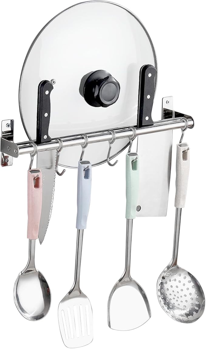 ASkinds Utensil Hanging Rack Stainless Steel Rail Hanger Rod Wall Mounted Pot Pan Lid Holder Cookware Storage Organizer with Sliding Hooks for Kitchen Bathroom
