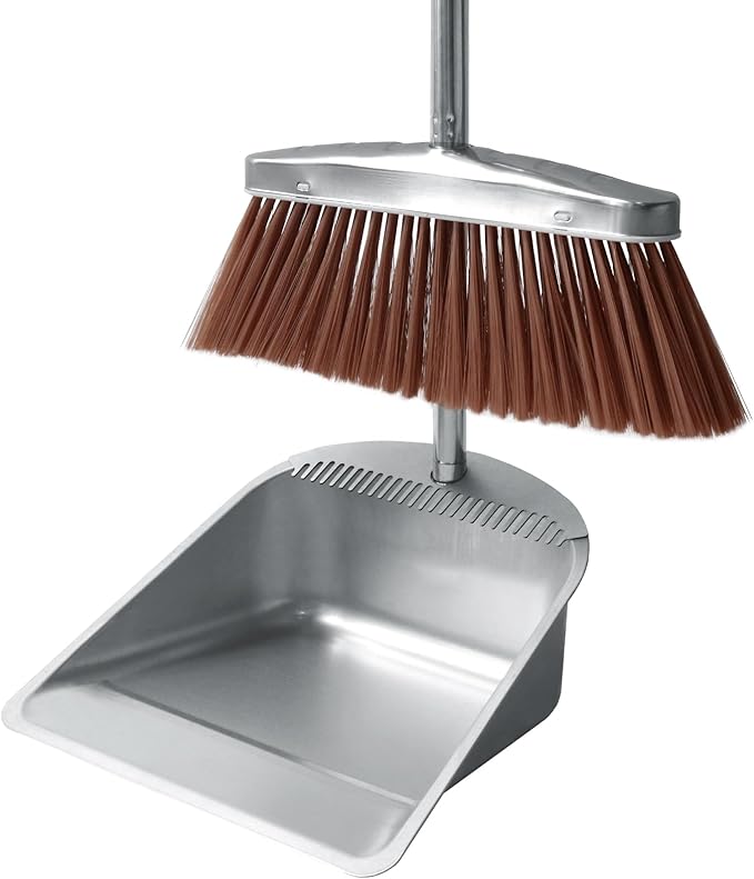 Stainless Steel Broom and Dustpan Set, 2-Piece, Long Handle Standing Design with Comb Teeth, Heavy Duty Windproof Upright for Home, Kitchen, Indoor Outdoor Use (Silver Teeth)