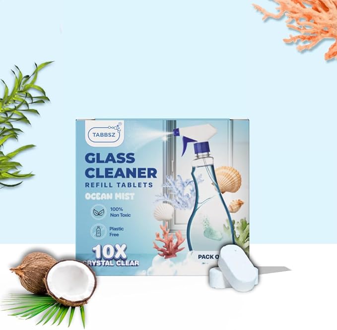 Glass Cleaner Refill Tablets | Plant-Based Streak-Free Window & Mirror Cleaner | Non-Toxic & Eco-Friendly Cleaning Solution | Plastic-Free Packaging | Ocean Mist - Pack of 1