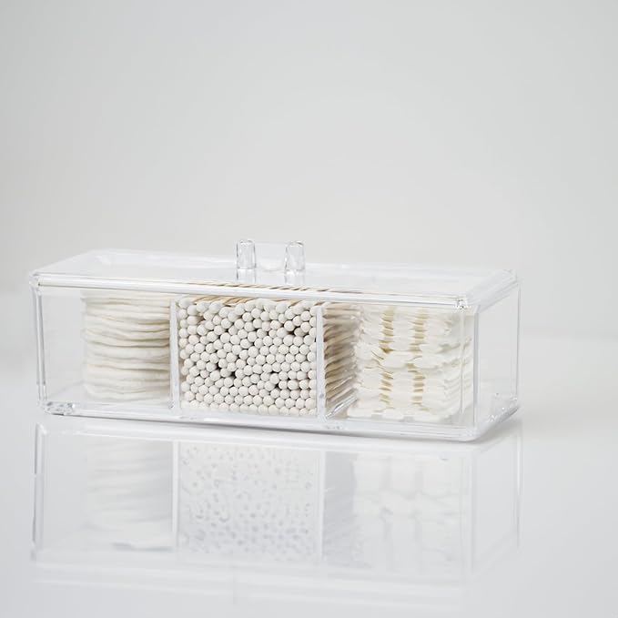 ZEXALOR Clear Bathroom Dresser Organizer - Cotton Ball Swab Holder with 3 Divided Compartments&Lid, , Waterproof Transparent Small Plastic Storage Containers, Vanity Makeup Organization