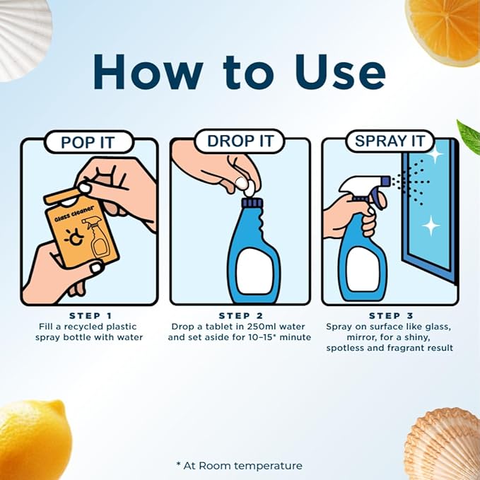 Glass Cleaner Refill Tablets | Plant-Based Streak-Free Window & Mirror Cleaner | Non-Toxic & Eco-Friendly Cleaning Solution | Plastic-Free Packaging | Citrus Cologne - Pack of 8