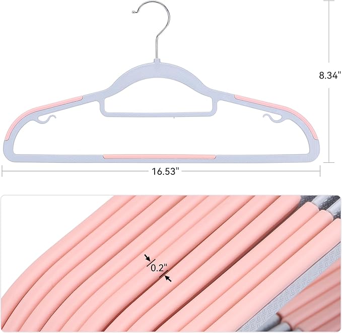 Tonswachic Pack of 30 Coat Hangers, Space-Saving Plastic Clothes Hangers, Non-Slip, 0.2 Inches Slim, 360° Swivel Silver Hook for Shirts, Pants, Suit & Wet/Dry Garments, Pink and Dark Gray