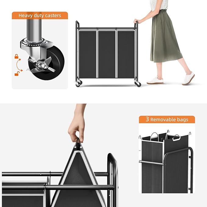 ROMOON Laundry Sorter Hamper 3 Section, Divided Laundry Basket Organizer with Heavy Duty Lockable Wheels and Removable Bags, Rolling Clothes Hamper for Apartment, Dorm & Family (130L Modern Black)