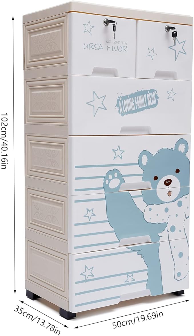 6 Drawer Plastic Storage Tower Cabinet, 5 Layers Polar Bear Closet with 5 Wheels, Closet Drawers Tall Dresser Organizer for Clothes Playroom Bedroom Furniture, Multi-Color