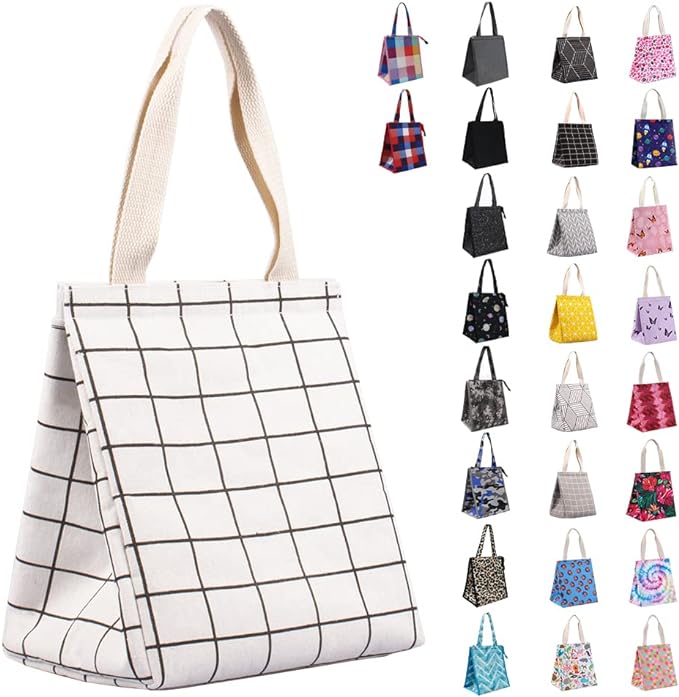 iknoe Insulated Lunch Bag for Women & Adults, 9L Foldable Wide-Open Cooler Bag with Pockets, Leakproof & Portable, for Picnic, Office, Beach(White grid)