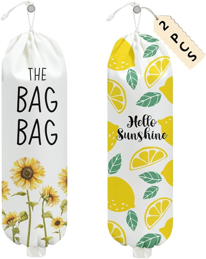 2 Pcs Sunflower Plastic Bag Holder, Lemon grocery bag holder for plastic Storage bag, Reusable Grocery Bag Organizer with Drawstring, Pull Rope Free Adjustment, Home Kitchen Pantry Decor, 22.5x9 Inch