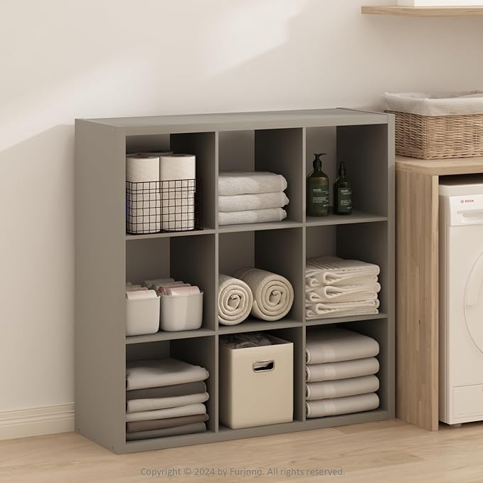 Furinno Simple Cube Storage Organizer, 9-Cube Display Shelf, Open Back Shelving Unit, Storage Shelves, Extra Thick Frame, for Organization and Storage, Living Room, Home Office, Light Grey