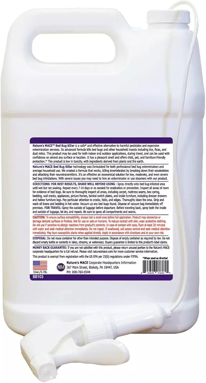 Nature’s MACE Bed Bug Killer 1 Gallon, Kill BedBugs Treatment, Mites, Eggs, Easy, Do-It-Yourself, Professional Bed Bug Spray, at-Home Solution, Mattress, Non-Toxic, Child & Pet Safe, Stain & Odor Free