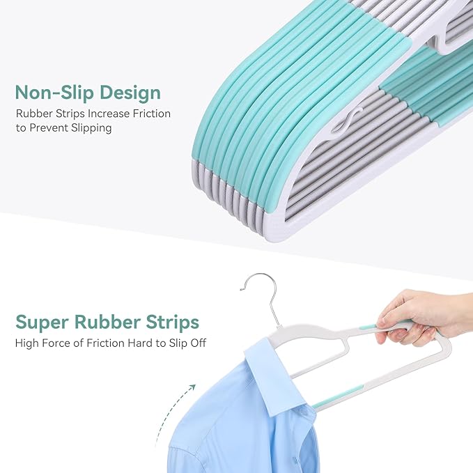 Tonswachic Pack of 30 Coat Hangers, Space-Saving Plastic Clothes Hangers, Non-Slip, 0.2 Inches Slim, 360° Swivel Silver Hook for Shirts, Pants, Suit & Wet/Dry Garments, Blue and White