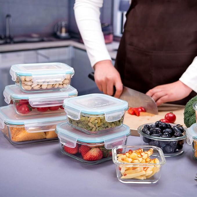 AILTEC Glass Food Storage Containers with Lids, [18 Piece] Glass Meal Prep Containers, Containers for Food Storage with Lids, BPA Free & Leak Proof (9 Lid & 9 Container)