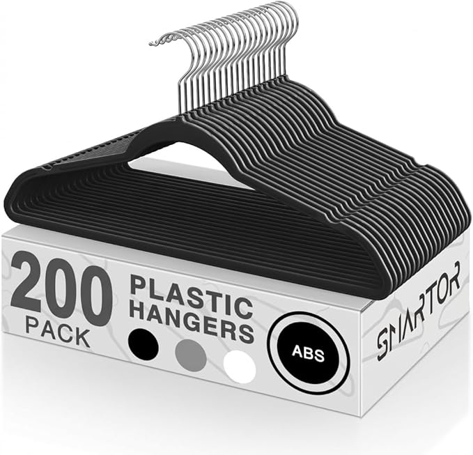 Smarter Plastic Hangers 200 Pack - Thin Hangers Non-Velvet with 360° Swivel Chrome Hook & Notches, Sweater Hanger No Shoulder Bump - Ideal for Dresses, Coats, Shirt, Jacket, Sweater - Black