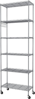 Homdox 6-Tier Storage Shelf Wire Shelving Unit Free Standing Rack Organization with Caster Wheels, Stainless Side Hooks, Silver Gray | Rack Organization, with Caster Wheels, Stainless Side Hooks
