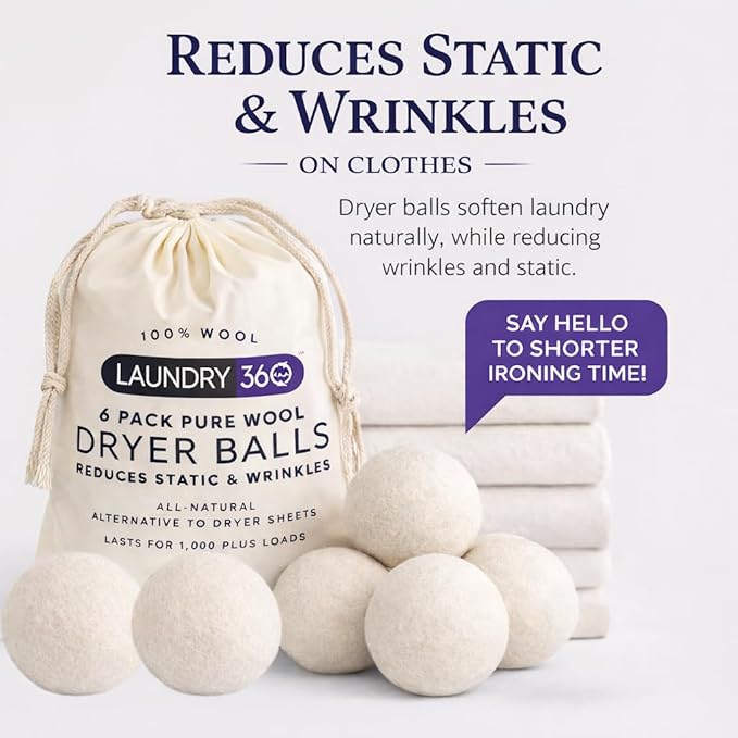 Wool Dryer Balls 6-Pack Set | Natural Fabric Softener Alternative | Reusable Laundry Balls | Eco Friendly Static Reduction