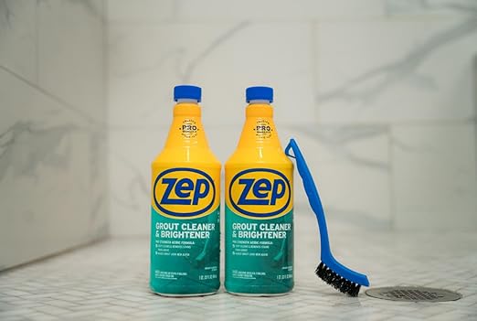 Zep Grout Cleaner and Brightener and Easy to Use Handheld Brush - 32 oz (Case of 2) - ZU104632 - Deep Cleaning Formula Removes Old Stains From Grout