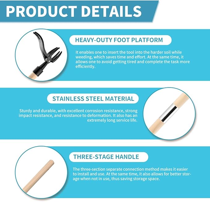 Weed Puller Tool, Stand Up Heavy Duty Weed Remover Tool with Long Handle 46-inch & 4-Claw Steel Head, Gardening Hand Weeding Tool for Lawn Without Bending, Pulling, or Kneeling