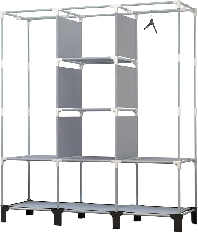 Portable Wardrobe with 10 Storage Racks and 2 Hanging Poles 6 Side Pockets Fleece Cover, Size 130 x 45 x 172 cm, Bedroom Closet Organizer Black