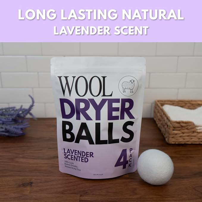 Lavender Scented Wool Dryer Balls – 4 XL Pack – Natural Fabric Softener, Reusable, Reduces Static, Reduces Wrinkles & Shortens Drying Time, Made W/Essential Oil, 100% Pure Wool