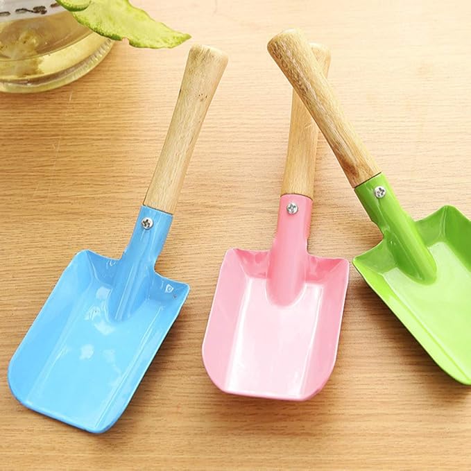 2pcs Small Gardening Shovel Metal Candy Color Wooden Handle Flat Trowel Scoop Digging Lawn Tool for Flower Succulent Plant,Random Color