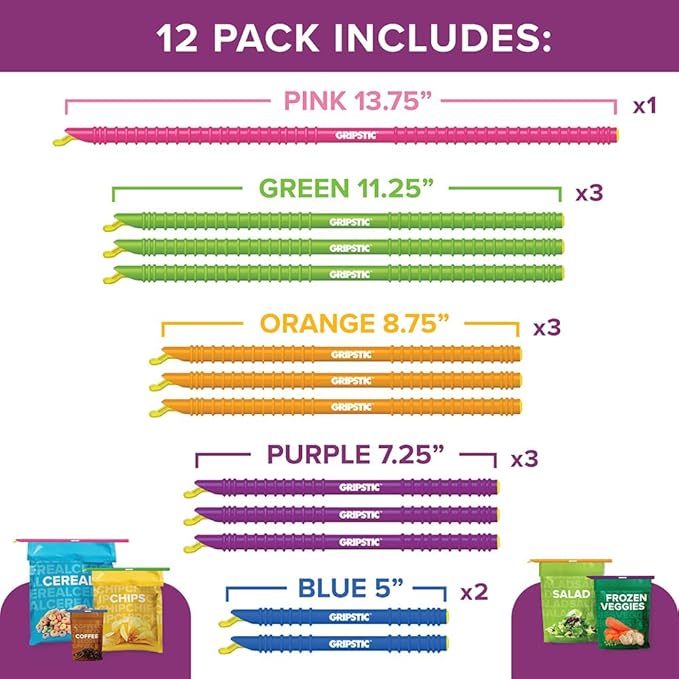 GripStic 12-Pack Assorted Bag Sealers – Airtight Reusable Chip Bag Clips for Food Storage, Freezer & Pantry Organization – Slide-to-Seal Rods for Snacks, Cereal, Coffee & Frozen Foods