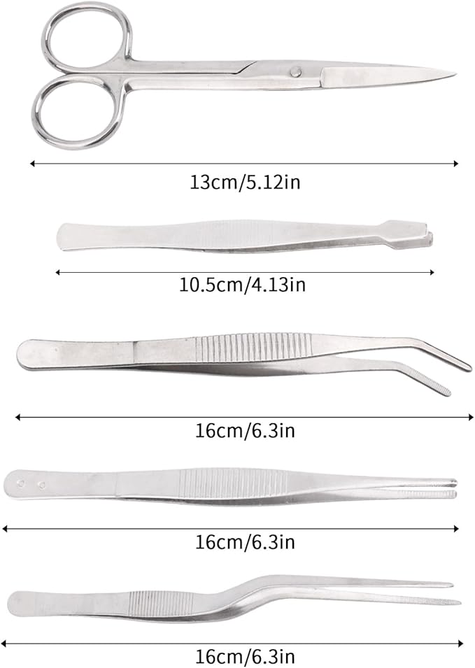 5pcs Plant Tweezers and Scissors, Long Stainless Steel Garden Bend Tongs Set with Straight Curved Flat Point Tip Multiple-Use Gardening Tools for Bonsai Reptile Feeding Kitchen Use